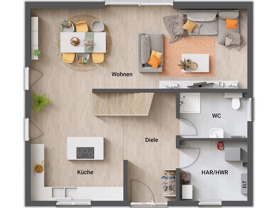 Flair 134 Erdgeschoss Grundrissvariante 2 mit offenem Wohnbereich Erdgeschoss des Flair 134 mit einem offenen, großzügigen Wohnbereich und eleganter Treppe.