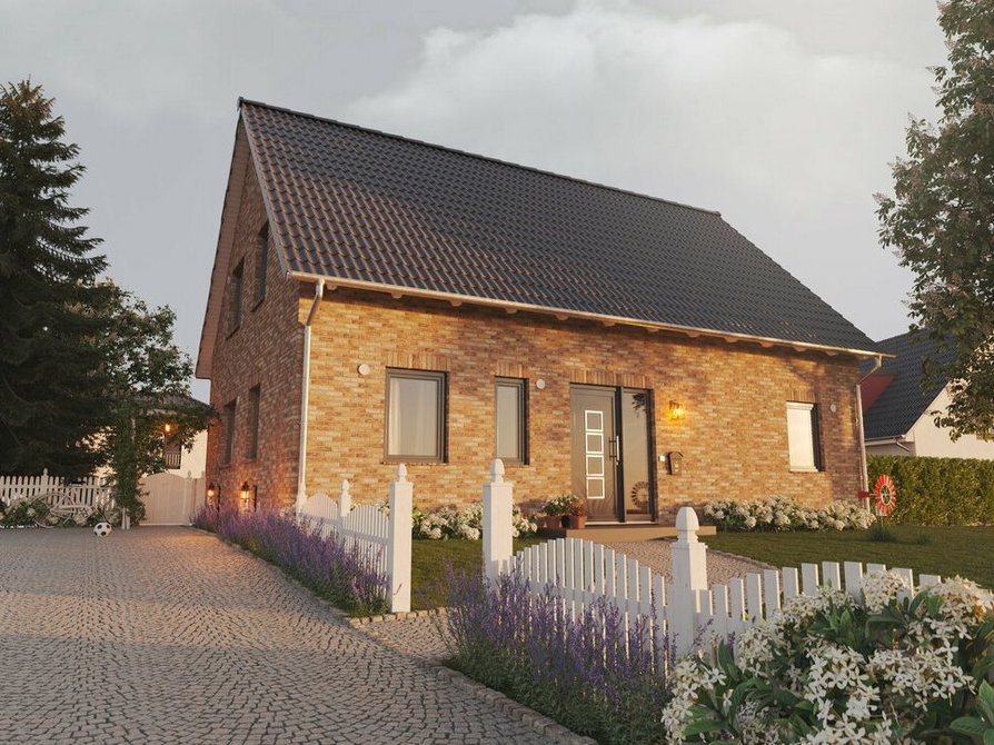 Der einladende Eingangsbereich des Landhauses 142, in Aura Klinker, mit modernem Anthrazit-Satteldach und Vorgarten, strahlt zeitlose Schönheit aus.