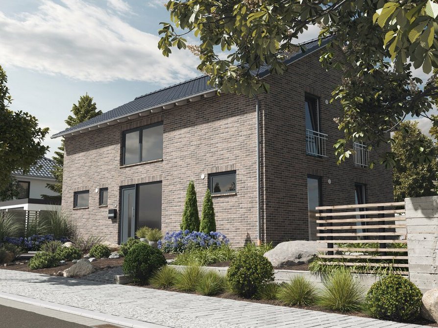 Von der Straße aus bietet das Einfamilienhaus Landhaus 142 Modern in Cinder Kohle Klinker einen optionalen Carport, farbige Fassade, bodentiefe Fenster und Vorgarten für einladenden Charme.