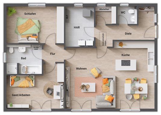 Grundriss Variante 2 mit zwei großen Schlafräumen Bungalow 110 mit klarer Trennung von Wohn- und Schlafräumen sowie zwei großen Schlafzimmern